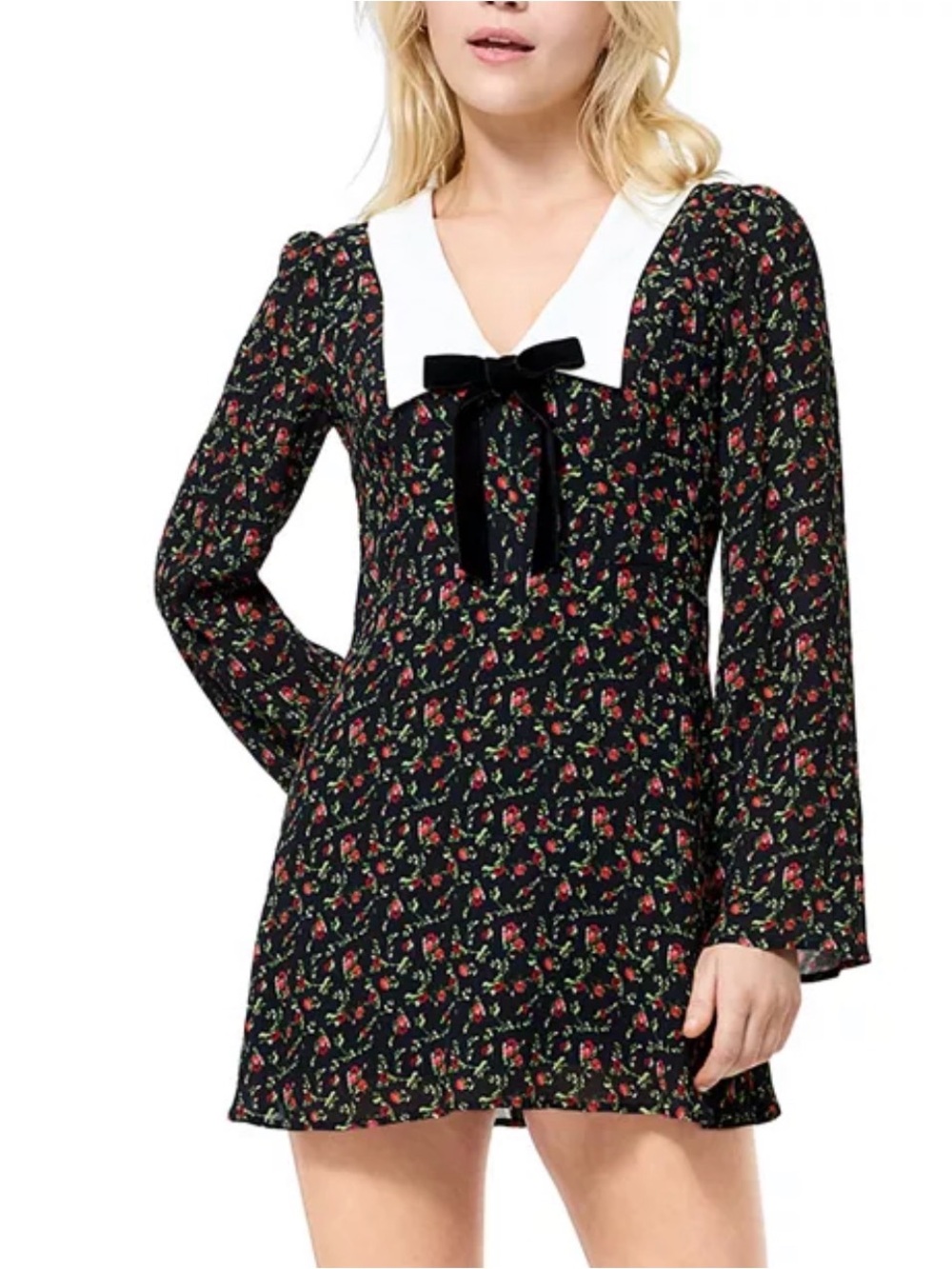 French Connection Black Floral Mini Dress with White Collar